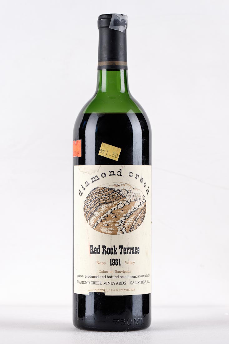 Product photography by Mike Lyons of a 1981 Diamond Creek Red Rock Terrace Wine