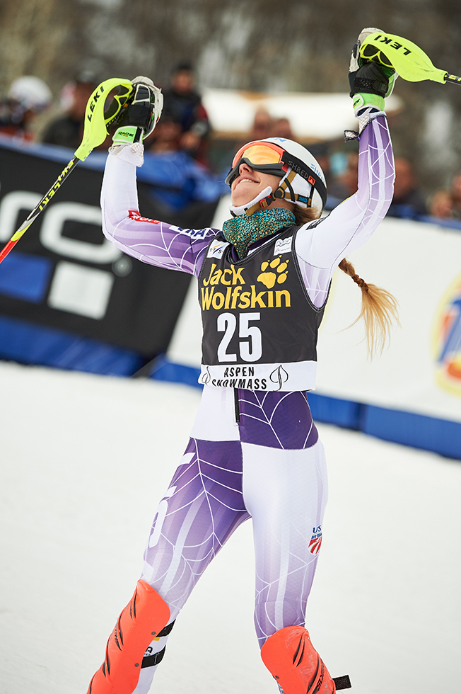 Resi Stiegler celebrating a successful ski run the thrill of victory